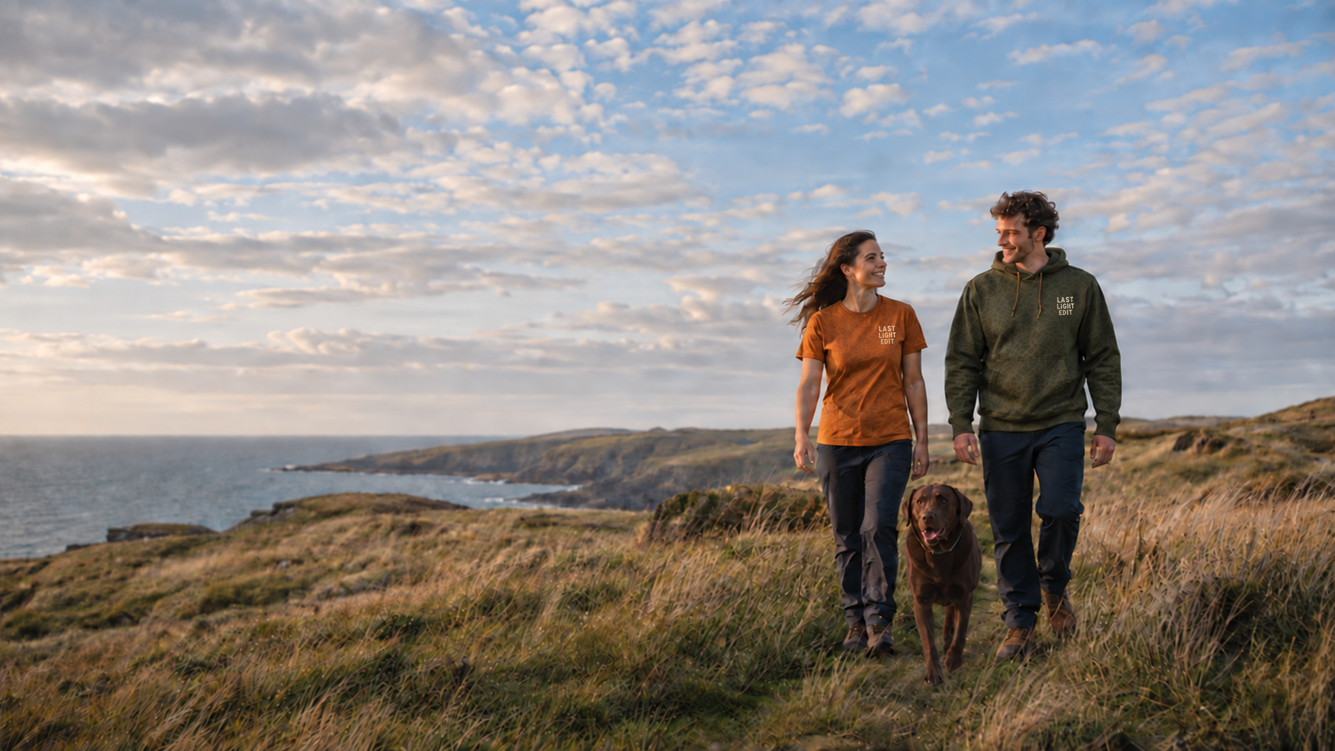 A couple and their Labrador walking along the Anglesey coast